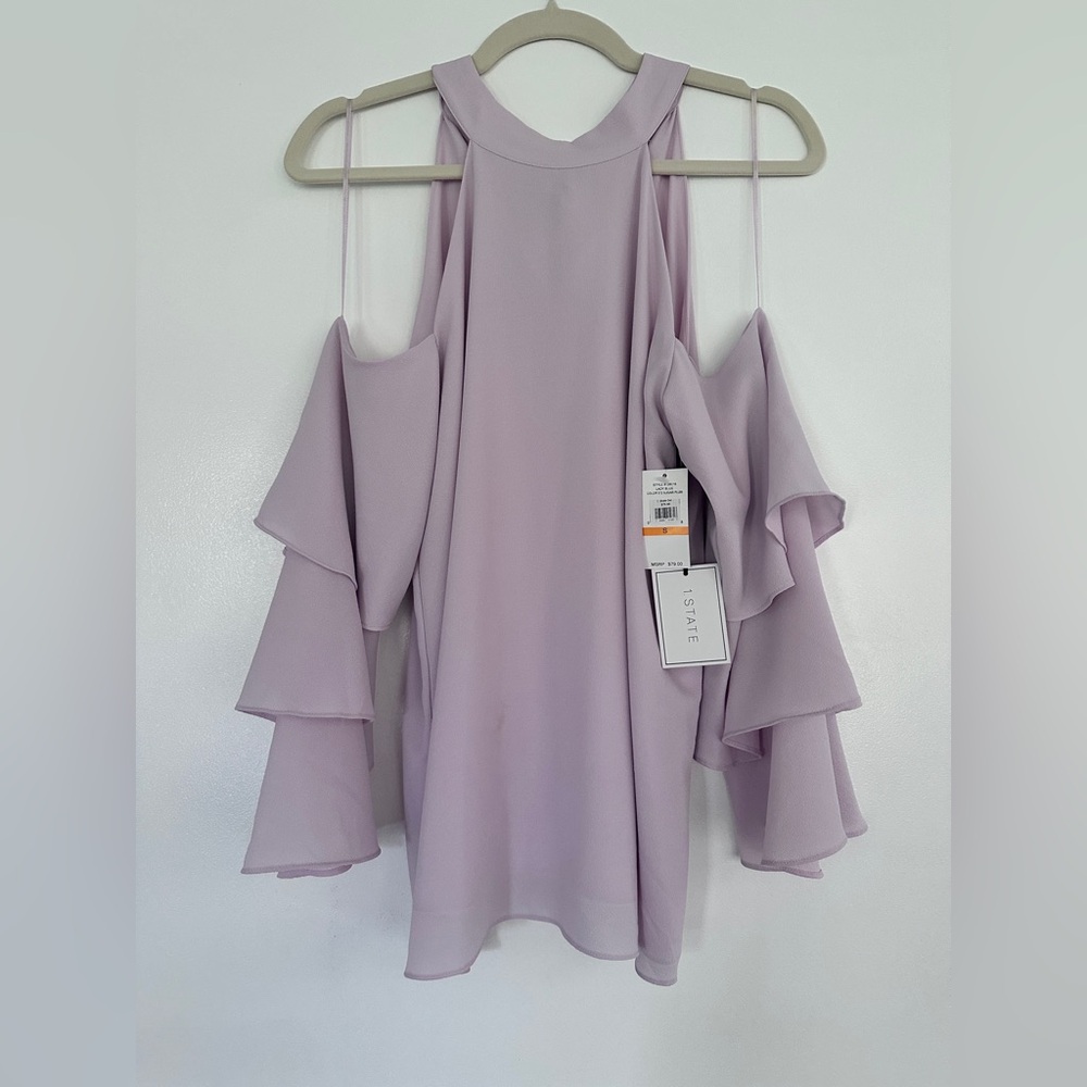 1. State Purple Cut Out Ruffled Blouse